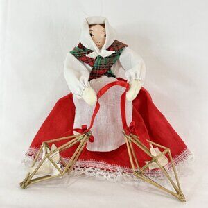 Vintage Handmade Doll Christmas Tree Ornament Paper Bird In Golden Cage Red